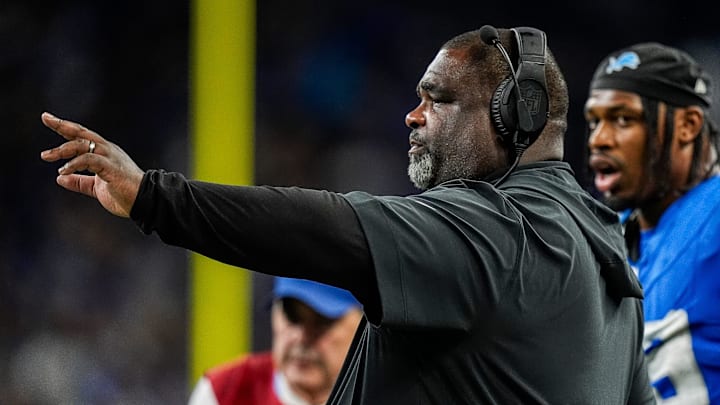 Detroit Lions defensive line coach Terrell Williams communicates with players during the second half against Tennessee Titans at Ford Field in Detroit on Sunday, Oct. 27, 2024.