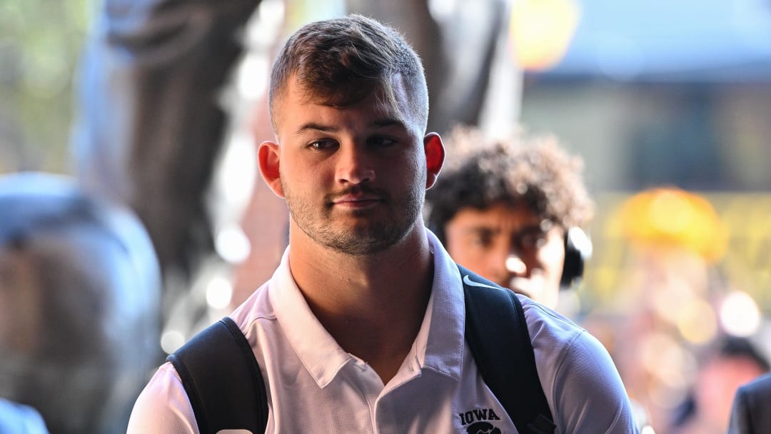 Sep 30, 2023; Iowa City, Iowa, USA; Injured Iowa Hawkeyes tight end Luke Lachey (85) enters Kinnick Stadium before the game against the Michigan State Spartans. Mandatory Credit: Jeffrey Becker-USA TODAY Sports