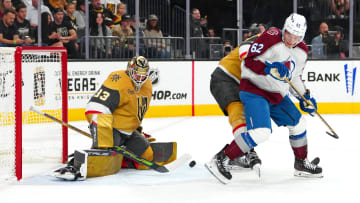 Nov 4, 2023; Las Vegas, Nevada, USA; Vegas Golden Knights goaltender Adin Hill (33) makes a save as Colorado Avalanche left wing Artturi Lehkonen (62) looks for a deflection during the first period at T-Mobile Arena. Mandatory Credit: Stephen R. Sylvanie-USA TODAY Sports