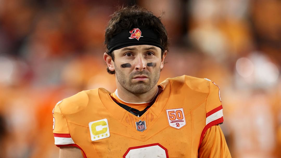 Tampa Bay Buccaneers quarterback Baker Mayfield (6) looks on against the Atlanta Falcons 