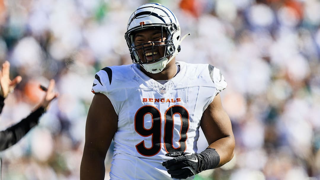 Oct 27, 2024; Cincinnati, Ohio, USA; Cincinnati Bengals defensive tackle Kris Jenkins Jr. (90) reacts after a play in the first half against the Philadelphia Eagles at Paycor Stadium. Mandatory Credit: Katie Stratman-Imagn Images