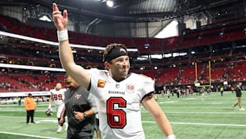 Baker Mayfield celebrates Tampa Bay Buccaneers Week 1 victory v Atlanta Falcons