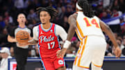 Philadelphia 76ers guard Jalen-Hood Schifino (17) drives with the ball against the Atlanta Hawks last season. 