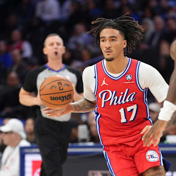 Philadelphia 76ers guard Jalen-Hood Schifino (17) drives with the ball against the Atlanta Hawks last season. 