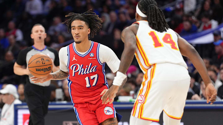 Philadelphia 76ers guard Jalen-Hood Schifino (17) drives with the ball against the Atlanta Hawks last season. 