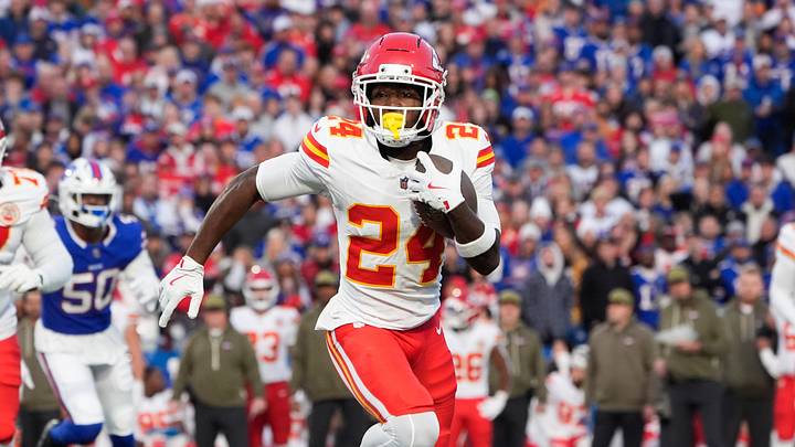 Nov 2, 2025; Orchard Park, New York, USA; Kansas City Chiefs running back Brashard Smith (24) runs the ball in the first quarter against the Buffalo Bills at Highmark Stadium. Mandatory Credit: Gregory Fisher-Imagn Images