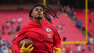 Oct 12, 2025; Kansas City, Missouri, USA; Kansas City Chiefs running back Isiah Pacheco (10) practices before the game against the Detroit Lions at GEHA Field at Arrowhead Stadium. Mandatory Credit: Denny Medley-Imagn Images