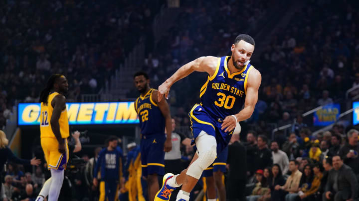 Feb 22, 2024; San Francisco, California, USA; Golden State Warriors guard Stephen Curry (30) runs on the court before the start of the game against the Los Angeles Lakers at the Chase Center. Mandatory Credit: Cary Edmondson-USA TODAY Sports