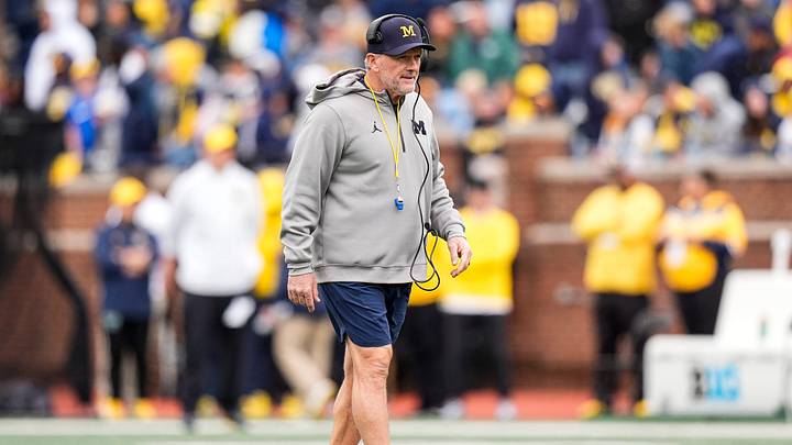 Michigan head coach Kyle Whittingham watches a play during the spring game at Michigan Stadium in Ann Arbor on Saturday, April 18, 2026.