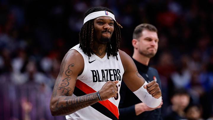 Apr 6, 2026; Denver, Colorado, USA; Portland Trail Blazers center Robert Williams III (35) reacts from the sideline in the third quarter against the Denver Nuggets at Ball Arena. Mandatory Credit: Isaiah J. Downing-Imagn Images