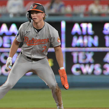 Aug 28, 2024; Los Angeles, California, USA;  Baltimore Orioles second baseman Jackson Holliday (7) takes a lead off second against the Los Angeles Dodgers at Dodger Stadium.