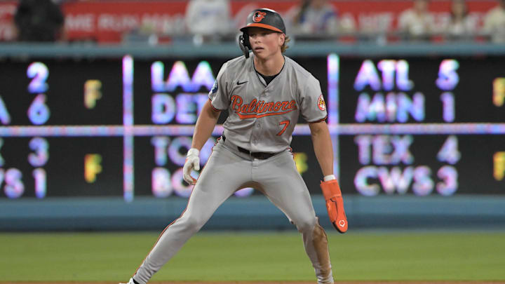 Aug 28, 2024; Los Angeles, California, USA;  Baltimore Orioles second baseman Jackson Holliday (7) takes a lead off second against the Los Angeles Dodgers at Dodger Stadium.