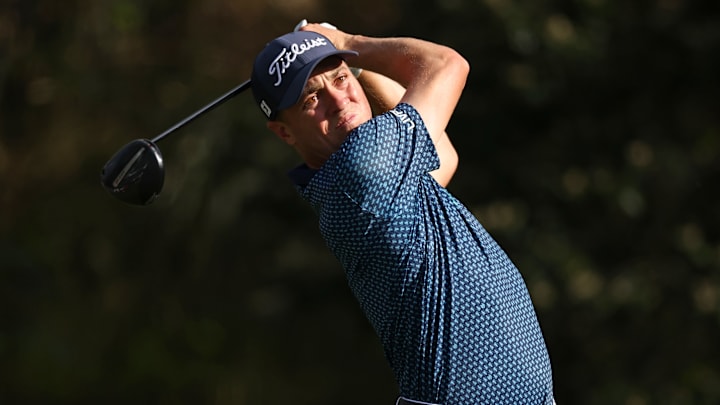 Justin Thomas tees off during the second round of the 2025 edition of The Players Championship at the Stadium Course at TPC Sawgrass.