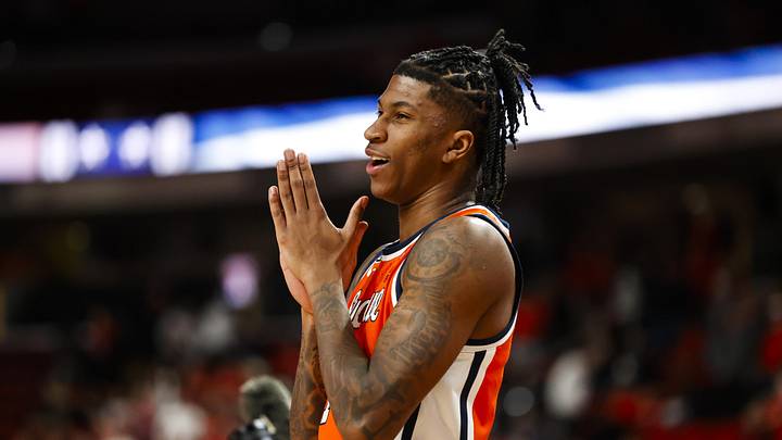 Jan 27, 2026; Raleigh, North Carolina, USA; Syracuse Orange forward Donnie Freeman (1) reacts before the first half of the game against the NC State Wolfpack at Lenovo Center. Mandatory Credit: Jaylynn Nash-Imagn Images