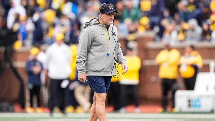 Michigan head coach Kyle Whittingham watches a play during the spring game at Michigan Stadium in Ann Arbor on Saturday, April 18, 2026.