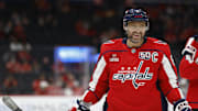 Sep 27, 2024; Washington, District of Columbia, USA; Washington Capitals left wing Alex Ovechkin (8) smiles during a stoppage in play against the Columbus Blue Jackets in the second period at Capital One Arena. Mandatory Credit: Geoff Burke-Imagn Images