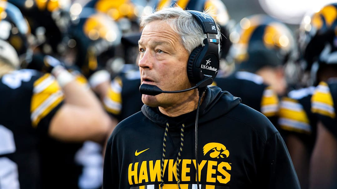 Iowa head coach Kirk Ferentz looks on during a NCAA Big Ten Conference football game against Nebraska, Friday, Nov. 25, 2022, at Kinnick Stadium in Iowa City, Iowa. Iowa head coach Kirk Ferentz looks on during a NCAA Big Ten Conference football game against Nebraska, Friday, Nov. 25, 2022, at Kinnick Stadium in Iowa City, Iowa.