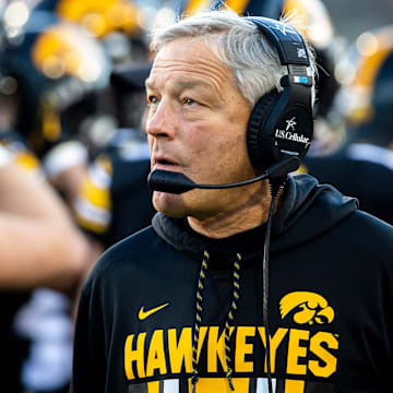 Iowa head coach Kirk Ferentz looks on during a NCAA Big Ten Conference football game against Nebraska, Friday, Nov. 25, 2022, at Kinnick Stadium in Iowa City, Iowa.
