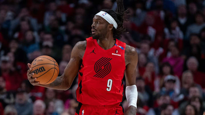 Oct 23, 2024; Portland, Oregon, USA;  Portland Trailblazers shooting forward Jerami Grant (9) dribbles the ball against the Golden State Warriors at Moda Center. Mandatory Credit: Stephen Brashear-Imagn Images