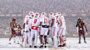 Nov 29, 2025; Minneapolis, Minnesota, USA; Wisconsin Badgers players huddle during the first half against the Minnesota Golden Gophers at Huntington Bank Stadium.