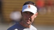 Oct 28, 2023; Berkeley, California, USA; USC Trojans head coach Lincoln Riley walks on the field before a game against the California Golden Bears at California Memorial Stadium. Mandatory Credit: Darren Yamashita-Imagn Images