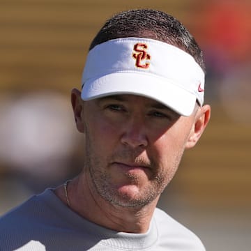 Oct 28, 2023; Berkeley, California, USA; USC Trojans head coach Lincoln Riley walks on the field before a game against the California Golden Bears at California Memorial Stadium. Mandatory Credit: Darren Yamashita-Imagn Images