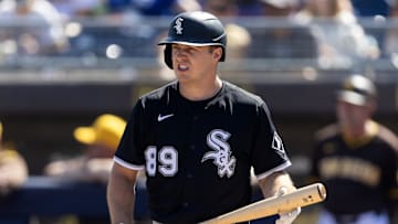 Chicago White Sox catcher Kyle Teel against the San Diego Padres during a spring training game at Peoria Sports Complex. Mandatory Credit: Mark J. Rebilas-Imagn Images