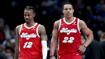 Mar 7, 2025; Dallas, Texas, USA;  Memphis Grizzlies guard Ja Morant (12) and Memphis Grizzlies guard Desmond Bane (22) against the Dallas Mavericks during the second half at American Airlines Center. Mandatory Credit: Kevin Jairaj-Imagn Images