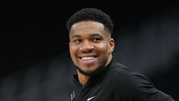Apr 10, 2026; Milwaukee, Wisconsin, USA;  Milwaukee Bucks forward Giannis Antetokounmpo looks on during warmups prior to the game against the Brooklyn Nets at Fiserv Forum. Mandatory Credit: Jeff Hanisch-Imagn Images