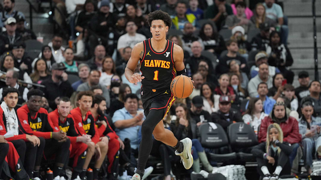 Dec 19, 2024; San Antonio, Texas, USA;  Atlanta Hawks forward Jalen Johnson (1) dribbles up the court in the second half against the San Antonio Spurs at Frost Bank Center. Mandatory Credit: Daniel Dunn-Imagn Images