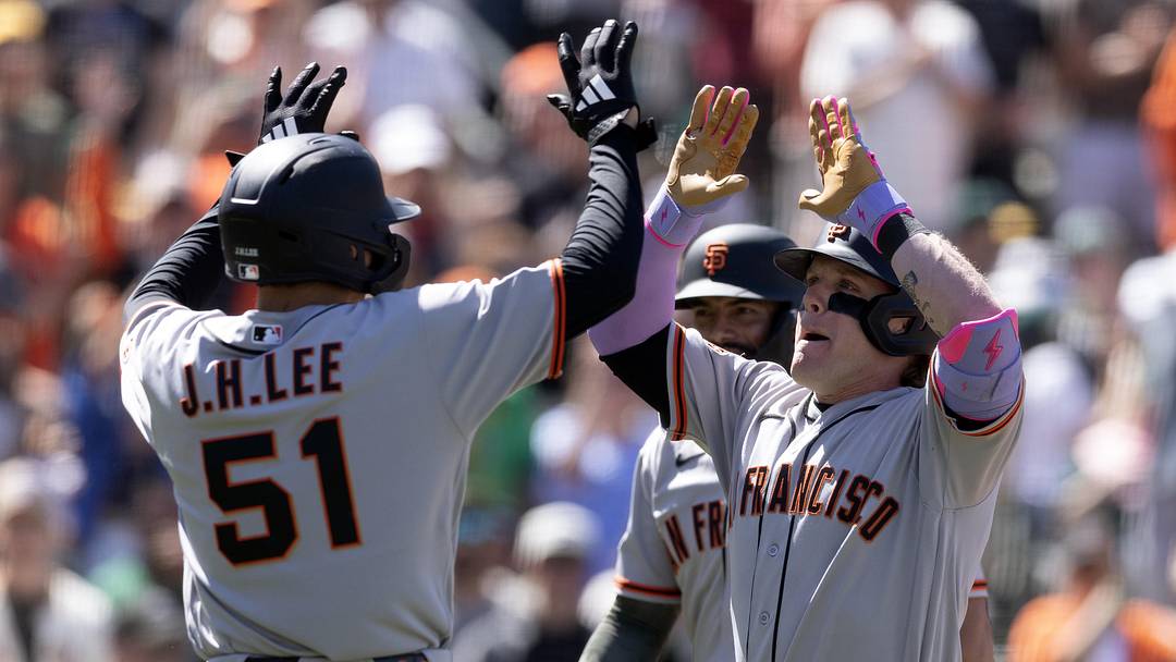 May 17, 2026; West Sacramento, California, USA; San Francisco Giants center fielder Harrison Bader (right) celebrates his grand slam with teammates Jung Hoo Lee (51) and Willy Adames during the eighth inning against the Athletics at Sutter Health Park. Matt Chapman also scored on the hit. Mandatory Credit: D. Ross Cameron-Imagn Images