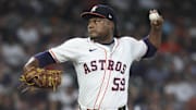 Sep 2, 2025; Houston, Texas, USA; Houston Astros starting pitcher Framber Valdez (59) delivers a pitch during the first inning against the New York Yankees at Daikin Park. Mandatory Credit: Troy Taormina-Imagn Images