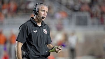 Oct 5, 2024; Tallahassee, Florida, USA; Florida State Seminoles head coach Mike Norvell looks on during the second half against the Clemson Tigers at Doak S. Campbell Stadium. Mandatory Credit: Melina Myers-Imagn Images