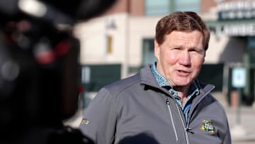Green Bay Packers president and CEO Mark Murphy speaks with media before leaving from Lambeau Field on the Packers' Tailgate Tour on April 9, 2024, in Green Bay, Wis.