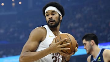 Nov 15, 2025; Cleveland, Ohio, USA; Cleveland Cavaliers center Jarrett Allen (31) rebounds in the first quarter against the Memphis Grizzlies at Rocket Arena. Mandatory Credit: David Richard-Imagn Images