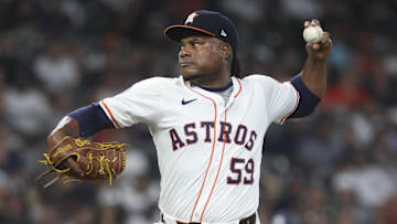 Sep 2, 2025; Houston, Texas, USA; Houston Astros starting pitcher Framber Valdez (59) delivers a pitch during the first inning against the New York Yankees at Daikin Park. Mandatory Credit: Troy Taormina-Imagn Images