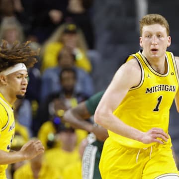 Feb 21, 2025; Ann Arbor, Michigan, USA; Michigan Wolverines center Danny Wolf (1) handles the ball during the first half at Crisler Center. Mandatory Credit: Brian Bradshaw Sevald-Imagn Images