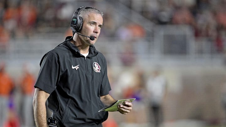 Oct 5, 2024; Tallahassee, Florida, USA; Florida State Seminoles head coach Mike Norvell looks on during the second half against the Clemson Tigers at Doak S. Campbell Stadium. Mandatory Credit: Melina Myers-Imagn Images