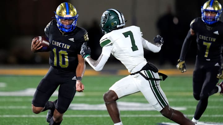 Choctaw's Landon Gatson tries to get past Muskogee's Edward James during the Class 6A-II state football championship game between Choctaw and Muskogee at Chad Richison Stadium in Edmond, Okla., Saturday, Dec. 7, 2024. Choctaw pulled out a thrilling 25-25 win. Choctaw's Landon Gatson tries to get past Muskogee's Edward James during the Class 6A-II state football championship game between Choctaw and Muskogee at Chad Richison Stadium in Edmond, Okla., Saturday, Dec. 7, 2024. Choctaw pulled out a thrilling 25-25 win.