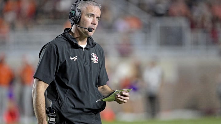 Oct 5, 2024; Tallahassee, Florida, USA; Florida State Seminoles head coach Mike Norvell looks on during the second half against the Clemson Tigers at Doak S. Campbell Stadium. Mandatory Credit: Melina Myers-Imagn Images