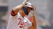 Jul 30, 2025; Minneapolis, Minnesota, USA; Minnesota Twins right fielder Matt Wallner (38) runs the bases on his solo home run against the Boston Red Sox in the second inning at Target Field.
