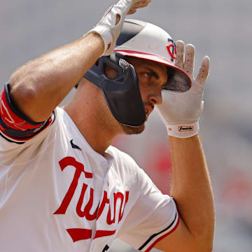 Jul 30, 2025; Minneapolis, Minnesota, USA; Minnesota Twins right fielder Matt Wallner (38) runs the bases on his solo home run against the Boston Red Sox in the second inning at Target Field.