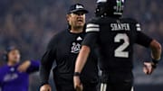 Mississippi State Bulldogs head coach Jeff Lebby reacts with quarterback Blake Shapen (2) after a touchdown during the fourth quarter against the Arizona State Sun Devils at Davis Wade Stadium at Scott Field. 
