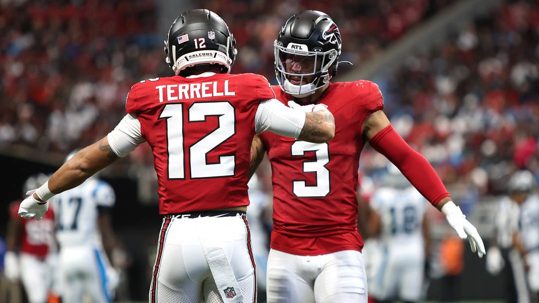 Sep 20, 2026; Atlanta, Georgia, USA;  Atlanta Falcons cornerback Avieon Terrell (12) and Atlanta Falcons safety Jessie Bates III (3) celebrate after a play during the first quarter against the Carolina Panthers at Mercedes-Benz Stadium.  Mandatory Credit: Brett Davis-Imagn Images