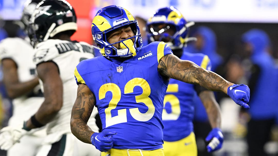 Nov 24, 2024; Inglewood, California, USA; Los Angeles Rams running back Kyren Williams (23) reacts after a long run against the Philadelphia Eagles during the first half at SoFi Stadium. Mandatory Credit: Alex Gallardo-Imagn Images Nov 24, 2024; Inglewood, California, USA; Los Angeles Rams running back Kyren Williams (23) reacts after a long run against the Philadelphia Eagles during the first half at SoFi Stadium. Mandatory Credit: Alex Gallardo-Imagn Images
