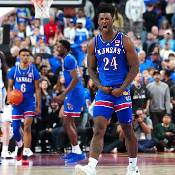 Kansas Jayhawks forward KJ Adams Jr. celebrates after making a play against the Duke Blue Devils.