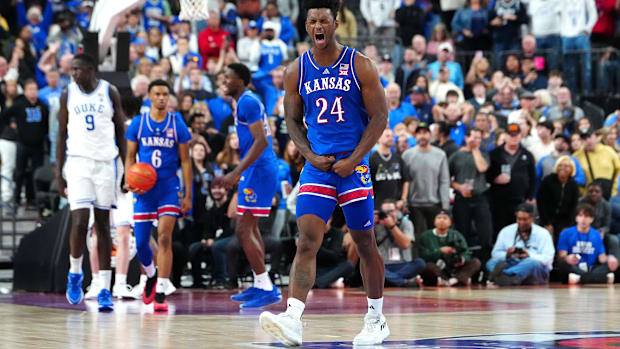KJ Adams celebrates as Kansas beat Duke back in Novembe