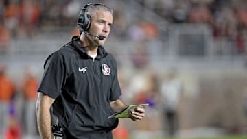 Oct 5, 2024; Tallahassee, Florida, USA; Florida State Seminoles head coach Mike Norvell looks on during the second half against the Clemson Tigers at Doak S. Campbell Stadium. Mandatory Credit: Melina Myers-Imagn Images
