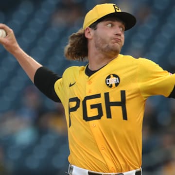 Aug 22, 2025; Pittsburgh, Pennsylvania, USA;  Pittsburgh Pirates starting pitcher Braxton Ashcraft (67) delivers a pitch against the Colorado Rockies during the first inning at PNC Park. Mandatory Credit: Charles LeClaire-Imagn Images