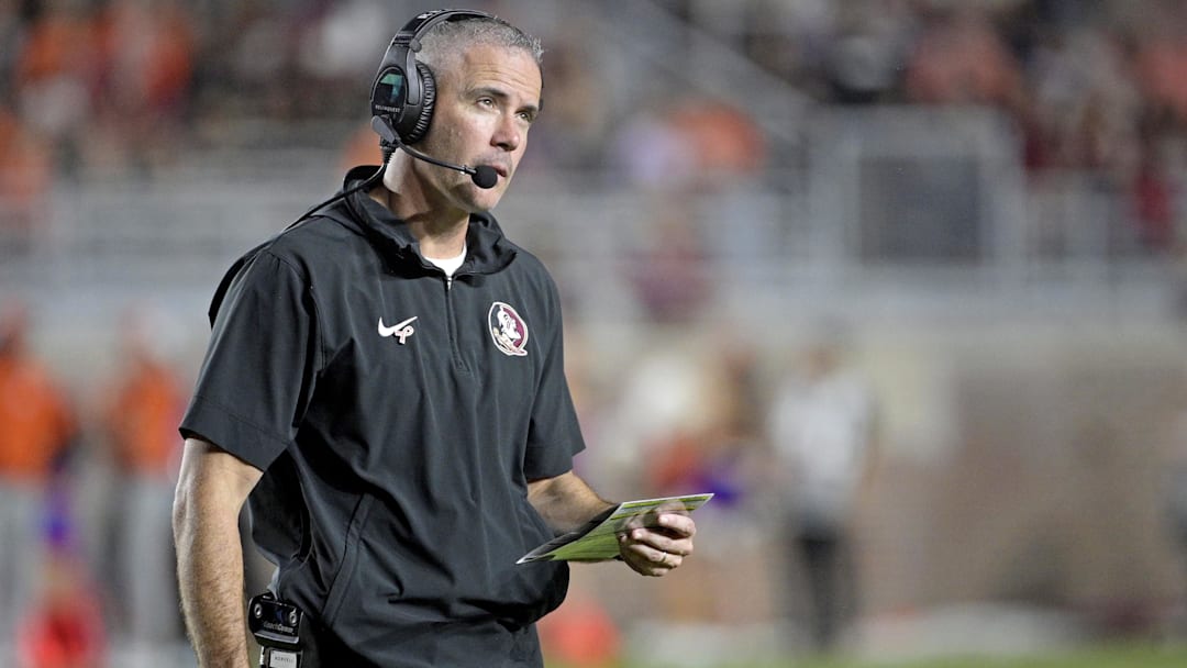 Oct 5, 2024; Tallahassee, Florida, USA; Florida State Seminoles head coach Mike Norvell looks on during the second half against the Clemson Tigers at Doak S. Campbell Stadium. Mandatory Credit: Melina Myers-Imagn Images
